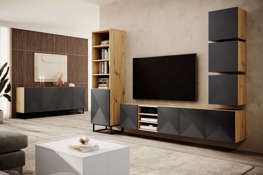 Dulap TV suspendată Asha 200 cm, partea frontală riflat și nișă – stejar artisan / rivier stone mat