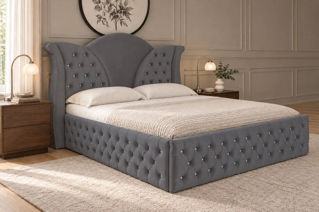 Pat tapițat Chesterfield din catifea Velora Deluxe 140×200 cm, gri închis, cu ladă de depozitare