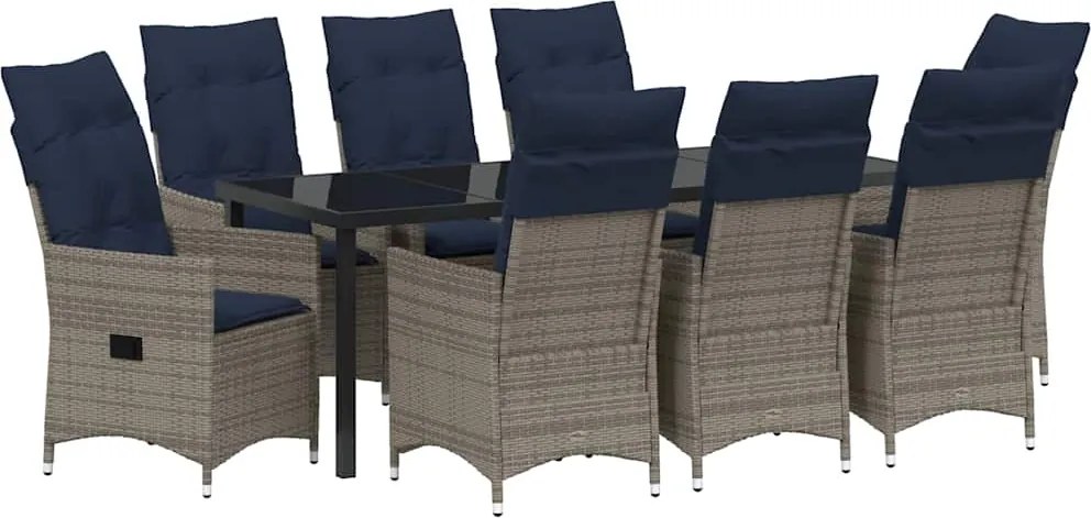 vidaXL Set de masă și scaune cu pernă 9 pcs Gri Ratan PE