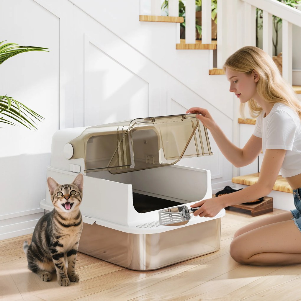 PawHut Litieră închisă din oțel inoxidabil pentru pisici, casă de toaletă pentru pisici cu paletă, 70 x 50 x 46,5 cm, alb | Aosom Romania