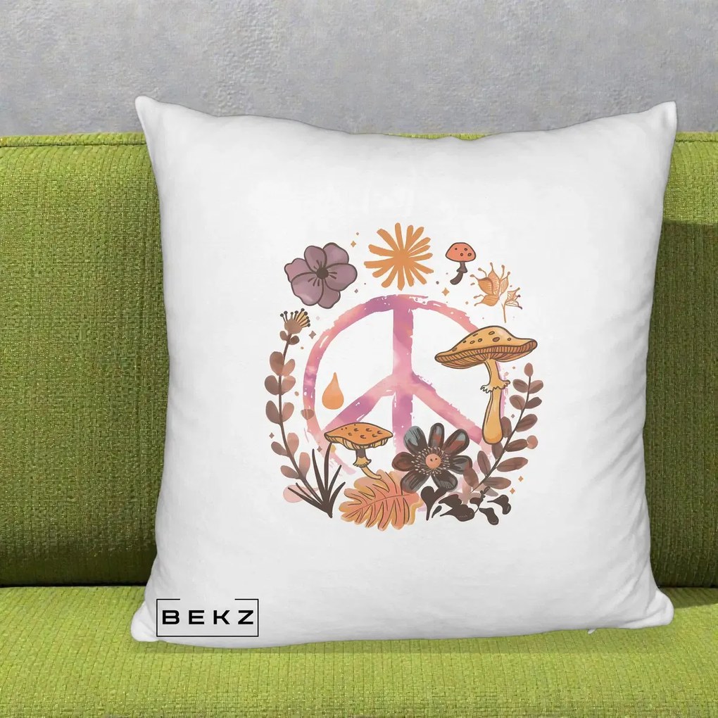 Perna Decorativa Peace Ciuperci Boho, 40x40 cm, Alb Pufos, Husa Detasabila, Perna Inclusa, BEKZ®
