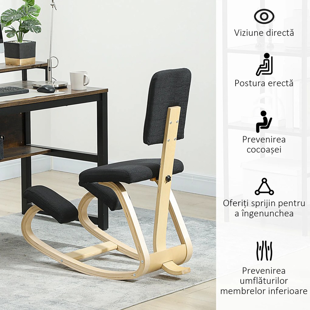 HOMCOM Scaun Ergonomic pentru Genunchi din Țesătură cu Aspect de In și Lemn de Mesteacăn, Negru | Aosom Romania