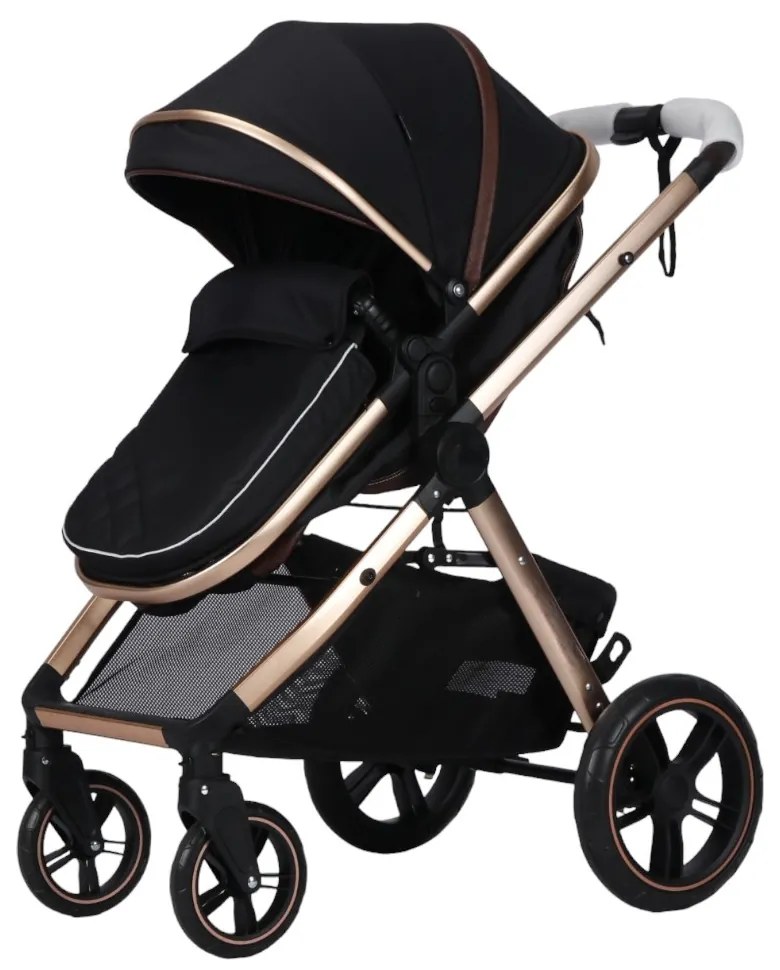 Carucior nou nascuti 2 in 1 NOVOKIDS™ X2000 series, Cu geanta bebe, Cadru Aluminiu Gold, Amortizoare, Roti din cauciuc plin AVE, Landou, Spatar