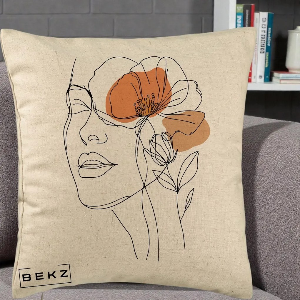 Perna Decorativa Portret Feminin Mac Profilat, 40x40 cm, Bej, Husa Detasabila, Perna Inclusa, BEKZ®
