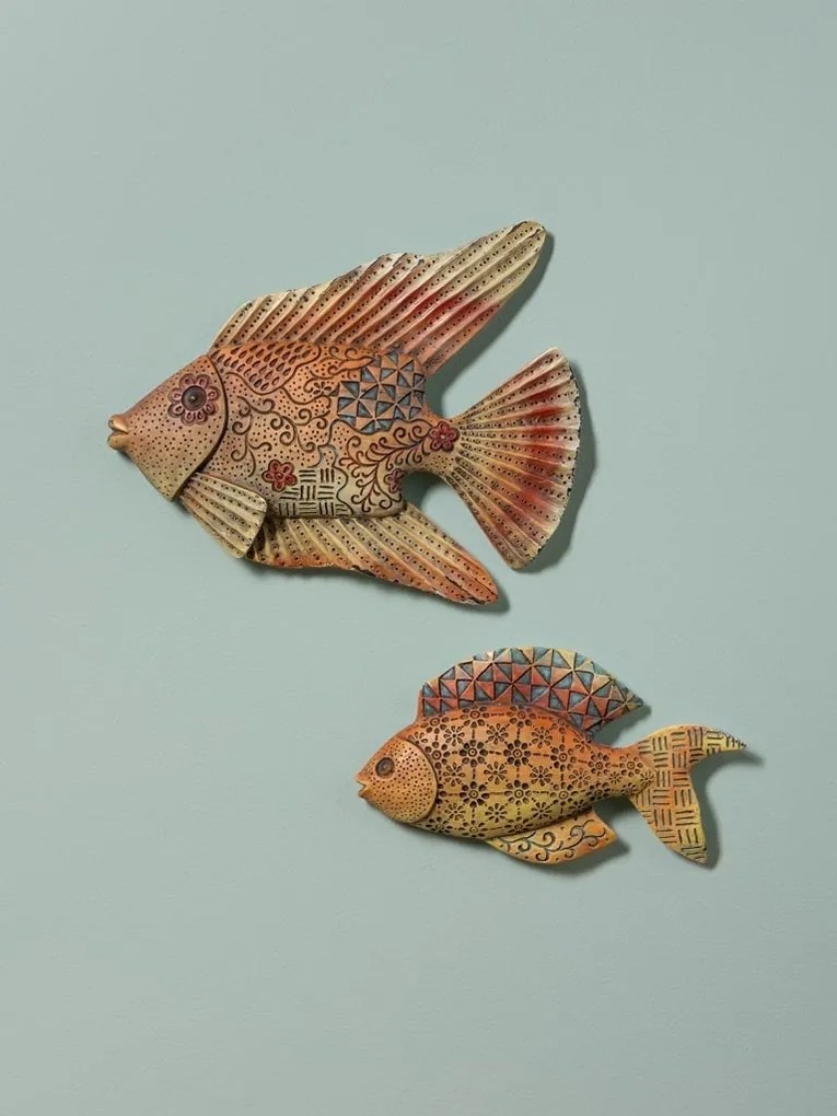 Set 2 decorațiuni de perete pește din rășină, design tribal, H25,5 cm