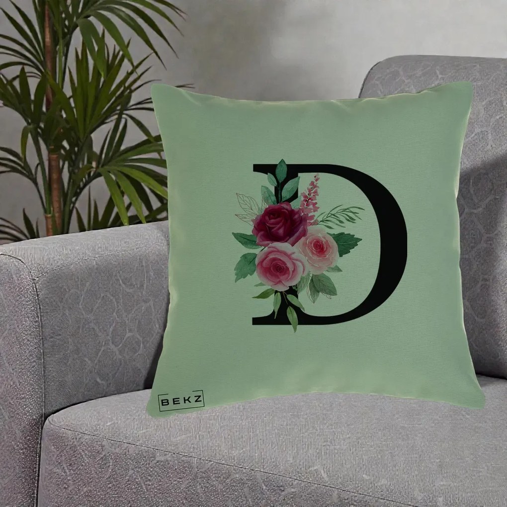 Cadou Personalizat - Perna Personalizata Monograma Florala Litera D, 40x40 cm, Verde, Husa Detasabila, Perna Inclusa, BEKZ®