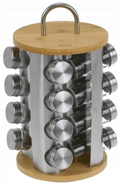 Set 16 borcane pentru condimente cu suport rotativ Klausberg KB 7553, bambus si otel, Inox/maro