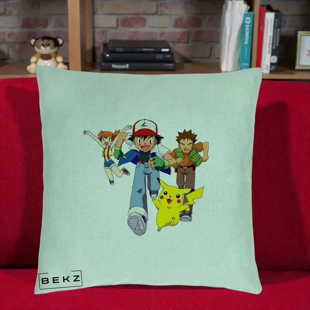 Perna Personalizata Pokemon Ash Misty Brock si Pikachu, 40x40 cm, Verde Menta, Husa Detasabila, Perna Inclusa, BEKZ®
