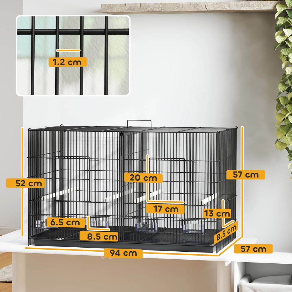 PawHut Colivie pentru Păsări cu Separator, Raft Inferior, 4 Stinghii și 4 Hrănitoare, 94x57x57 cm, Negru | Aosom Romania
