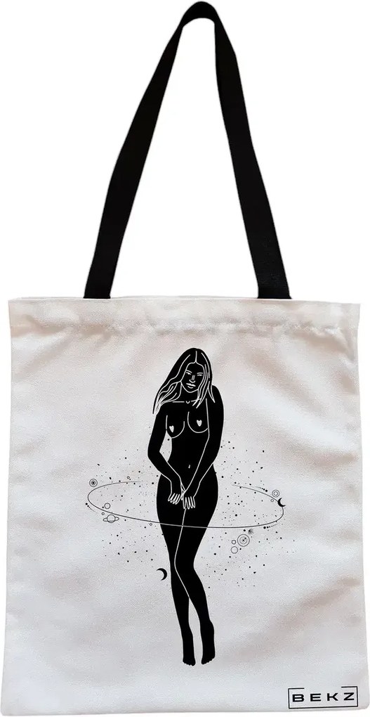 Sacosa de Panza pentru Cumparaturi, Geanta Tote, model Silueta Feminina, Cu fermoar, 38x34.5 cm, Alba, BEKZ®