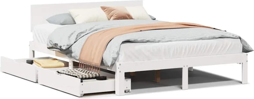 vidaXL Cadru de pat cu sertare, alb, 120x190 cm, lemn masiv pin