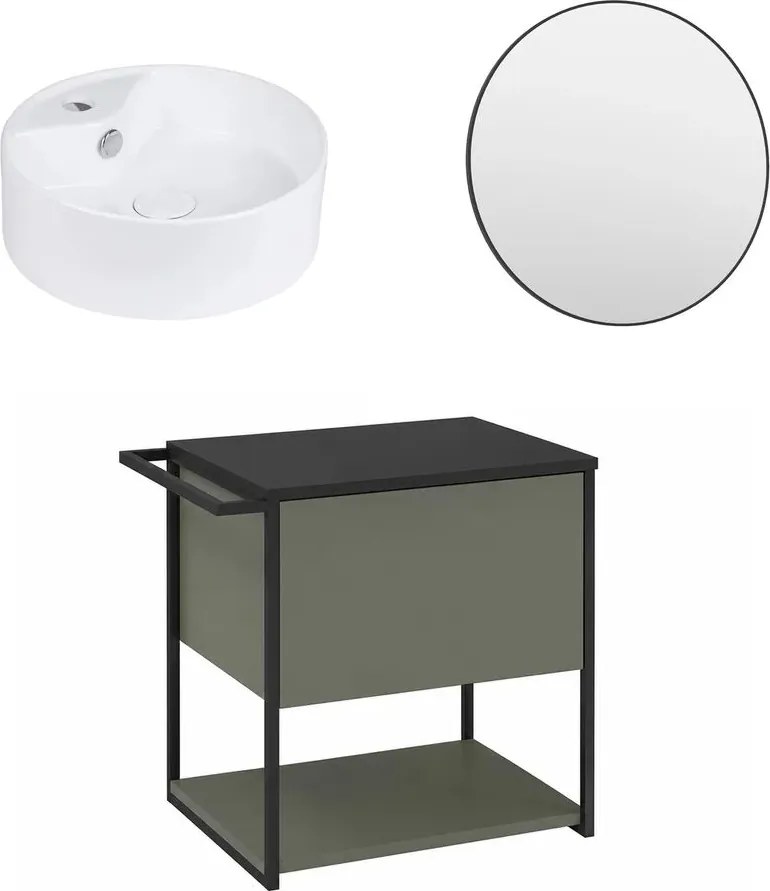 Set dulap baza suspendat Krofam Lov verde-negru 60 cm blat negru cu lavoar 38 cm si oglinda cu rama neagra