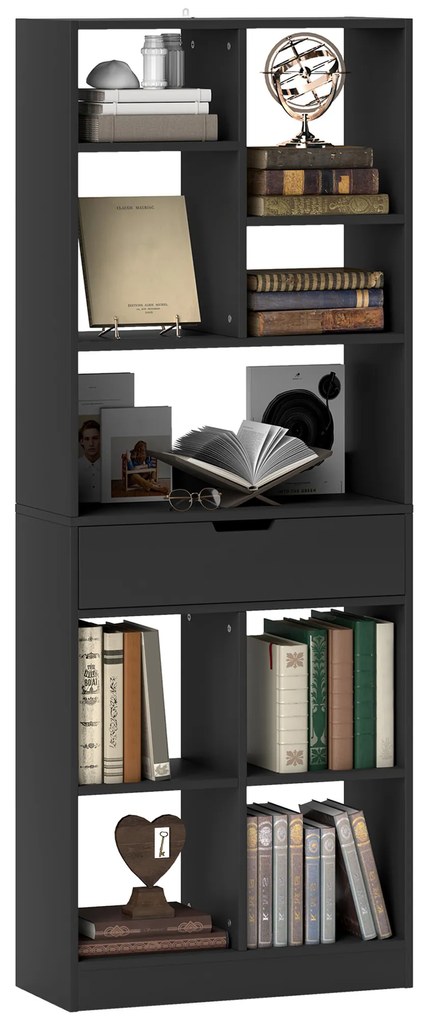 HOMCOM Bibliotecă mobilier de depozitare cu sertar și rafturi deschise, 60 x 26 x 158 cm, negru | Aosom Romania