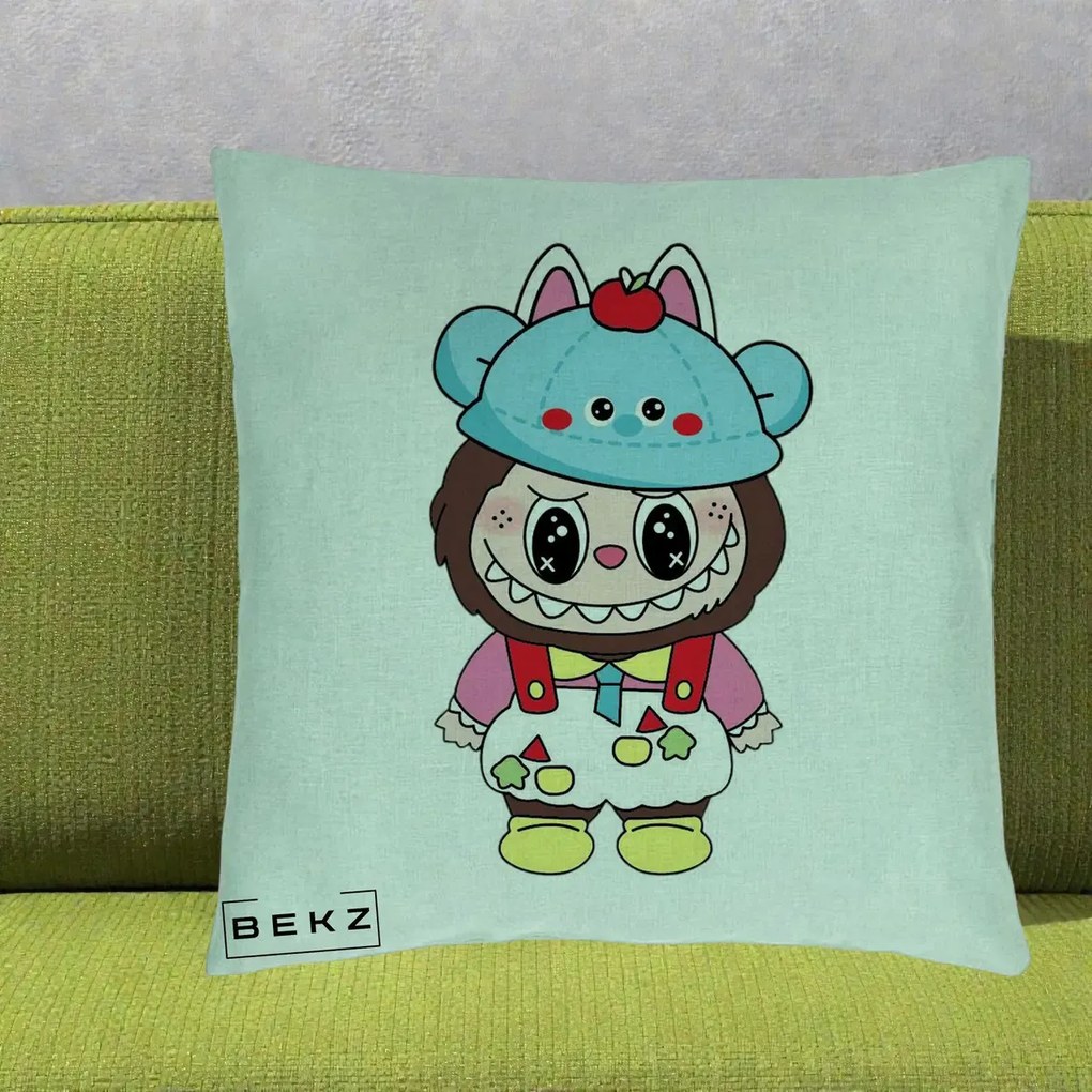 Perna Personalizata Labubu x Urs Albastru Colorat, 40x40 cm, Verde Menta, Husa Detasabila, Perna Inclusa, BEKZ®