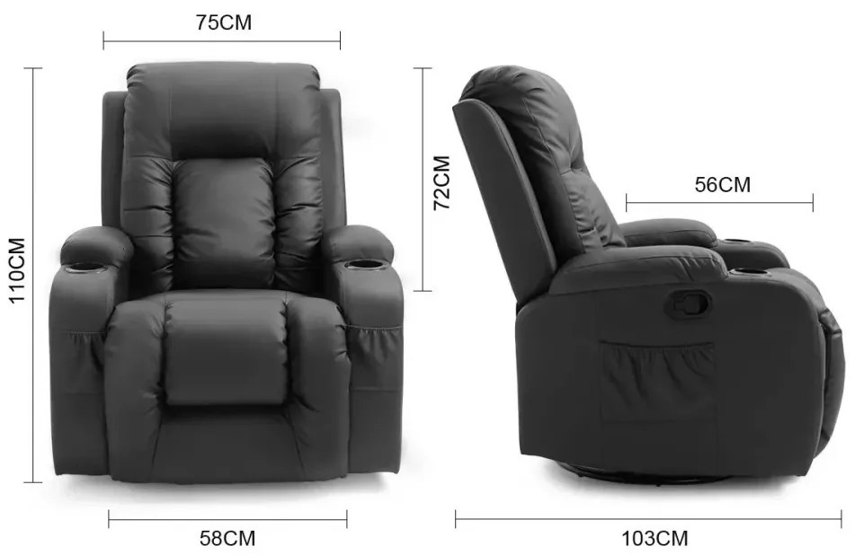 RESIGILAT-Fotoliu Masaj, Incalzire, rabatabil, pivotant, suport picioare extensibil, piele ecologica Premium, Negru