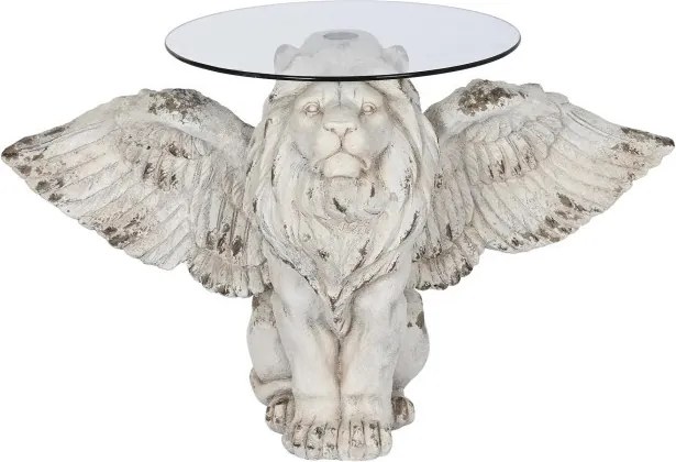 Măsuță laterală sculptată din oxid de magneziu, leu înaripat, blat din sticlă, finisaj gri antichizat, 96 x 62 x 61 cm, „Leon"