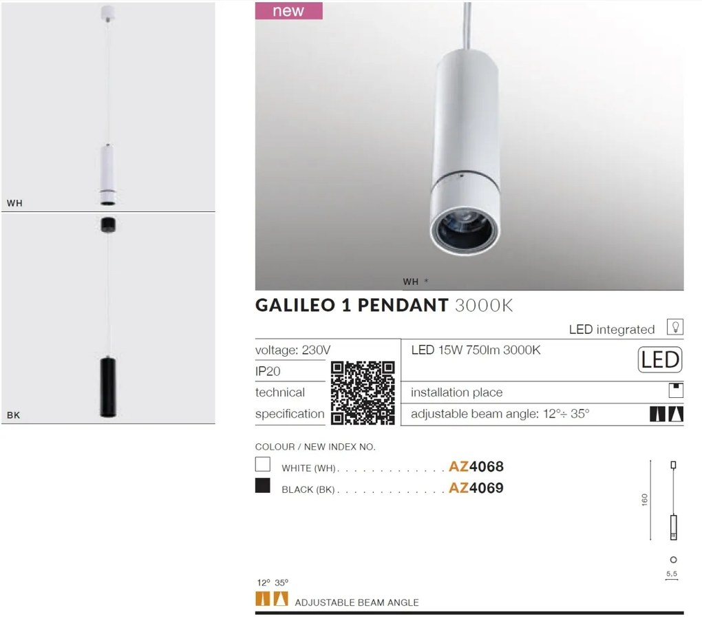 Pendul modern minimalist cu spot LED reglabil GALILEO 1 alb