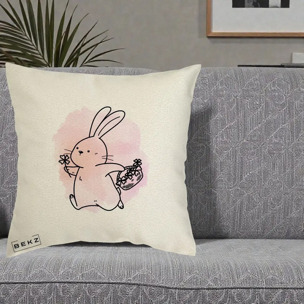 Perna Decorativa Iepuras Kawaii cu Cosulet Floral, 40x40 cm, Ecru, Husa Detasabila, Perna Inclusa, BEKZ®