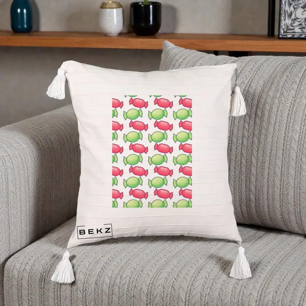 Perna Decorativa Bomboane Craciun Pattern, 40x40 cm, Bej cu Franjuri, Husa Detasabila, Perna Inclusa, BEKZ®