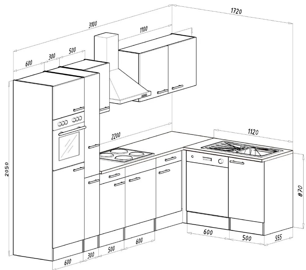 Mobilă de bucătărie de colț Yorki 310, corp alb, cu față alb satinat