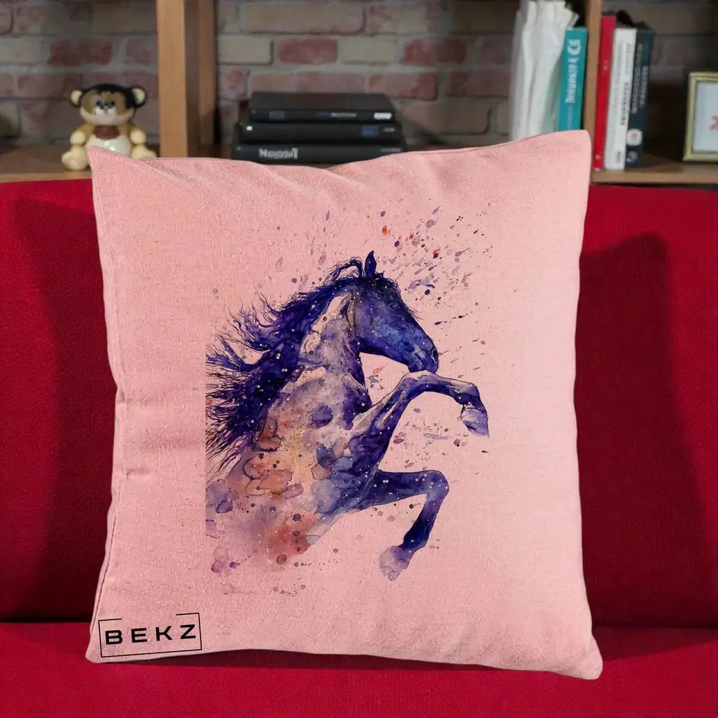 Perna Decorativa Cal Albastru Acuarela, 40x40 cm, Roz, Husa Detasabila, Perna Inclusa, BEKZ®