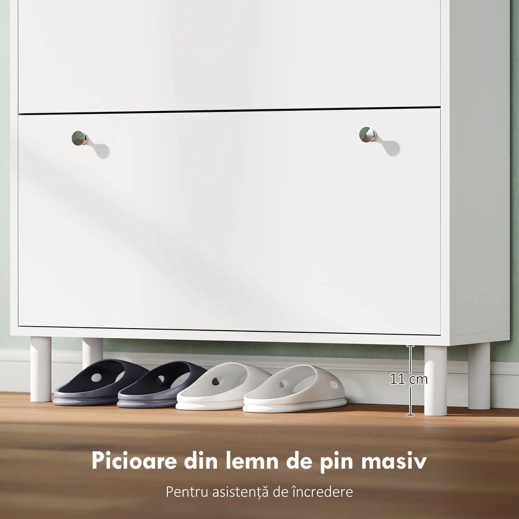 Dulap Îngust HOMCOM pentru Încălțăminte cu 4 Sertare Rabatabile, Dulap Subțire pentru Depozitarea Încălțămintei cu Rafturi Reglabile pentru Hol, Capacitate 24–32 Perechi, Alb | Aosom Romania