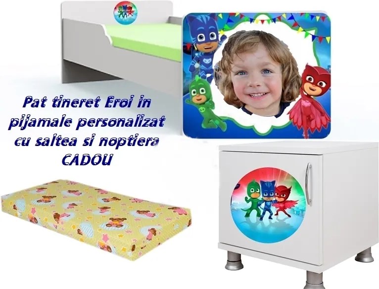 Pat tineret Eroi in pijamale personalizat cu saltea si noptiera Cadou
