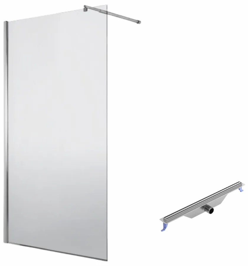 Set paravan dus walk-in 90x200 cm sticla securizata crom, Deante Abelia, cu rigola cu capac crom, iesire laterala, 700 mm, Cersanit Tako Slim