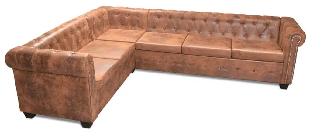243618 vidaXL Canapea colțar Chesterfield, 6 locuri, piele artificială, maro