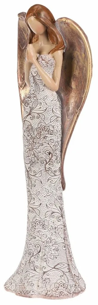 Înger din poliresină cu rochie cu flori, bej-cupru