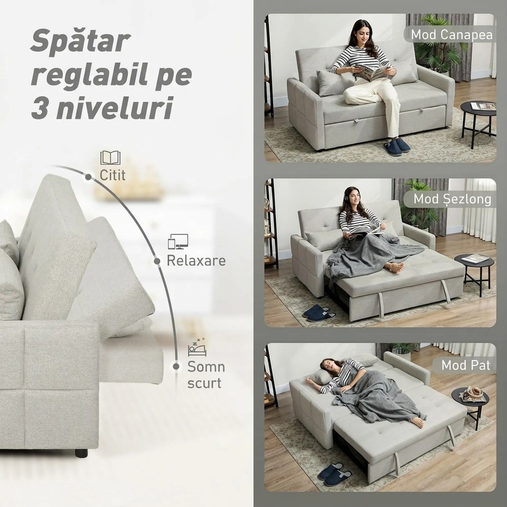 HOMCOM Canapea Pat cu Design Extensibil Clic Clac pentru 2 Locuri - Gri Deschis | Aosom Romania