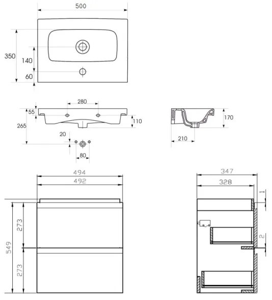 Cersanit S801-229-DSM - Dulap suspendat pentru baie cu lavoar MODUO SLIM, alb