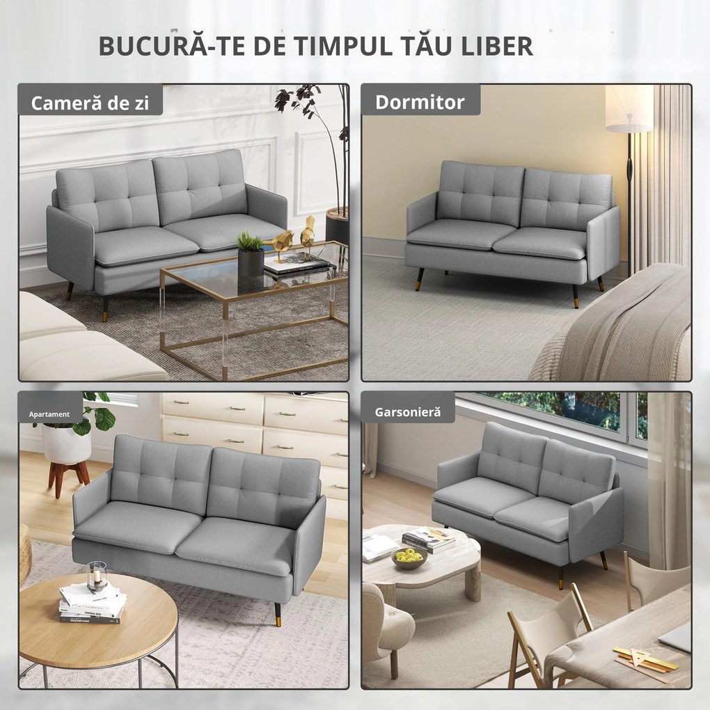 HOMCOM Canapea cu 2 Locuri din Material Textil cu Perne Capitonate, Canapea Modernă cu 2 Locuri cu Picioare din Oțel 139x68x80cm, Gri | Aosom Romania