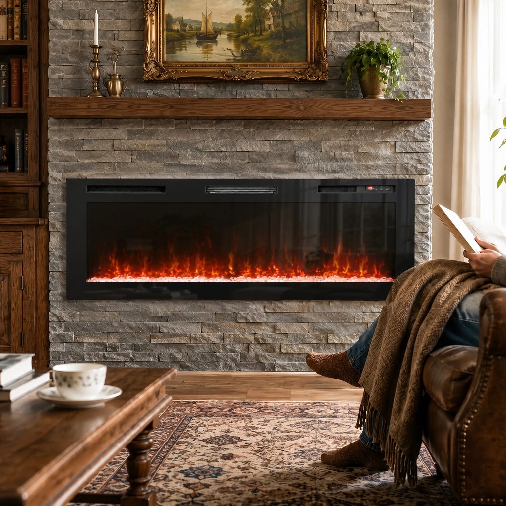 HOMCOM Șemineu electric 153 cm, încastrabil/de perete/de podea, ultrasubțire 8,3 cm, cu telecomandă, 900/1800 W, timer, negru | Aosom Romania