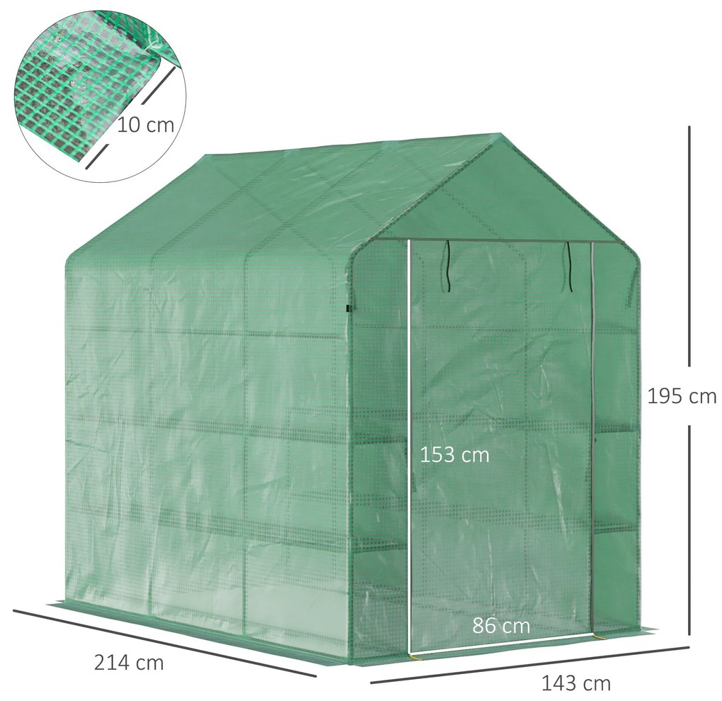 Outsunny Sera de Gradina cu 2 Rafturi pentru plante, legume, fructe din PE si Otel, 214x143x195cm - Verde | Aosom Ro