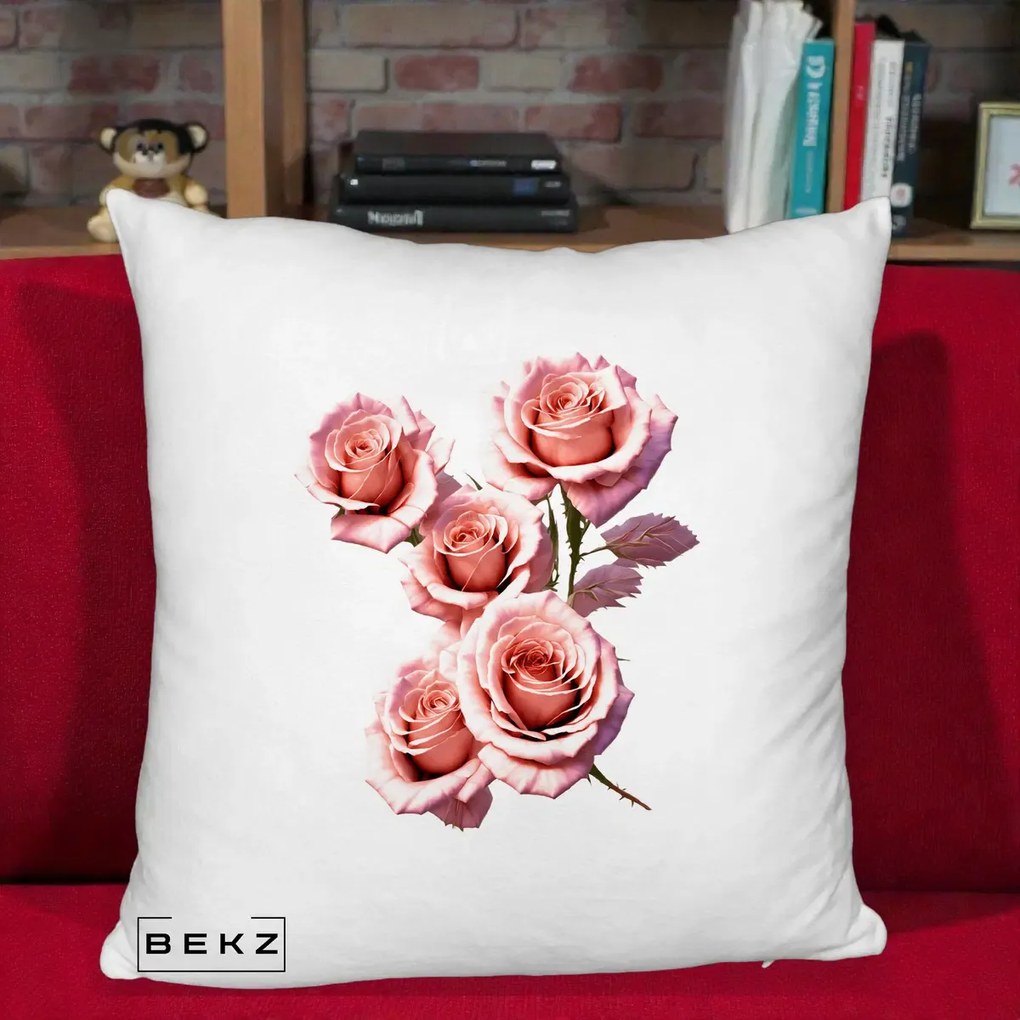 Perna Decorativa Trandafiri Roz Pastel Acuarela, 40x40 cm, Alb Pufos, Husa Detasabila, Perna Inclusa, BEKZ®