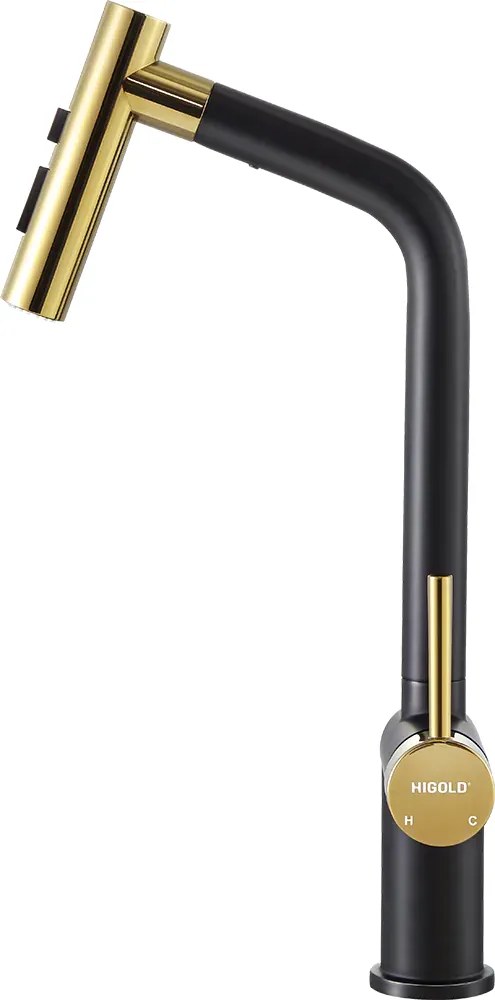 Baterie bucatarie Higold Piniz cu cap extractibil, 2 tipuri de jet, cartus ceramic, negru si gold