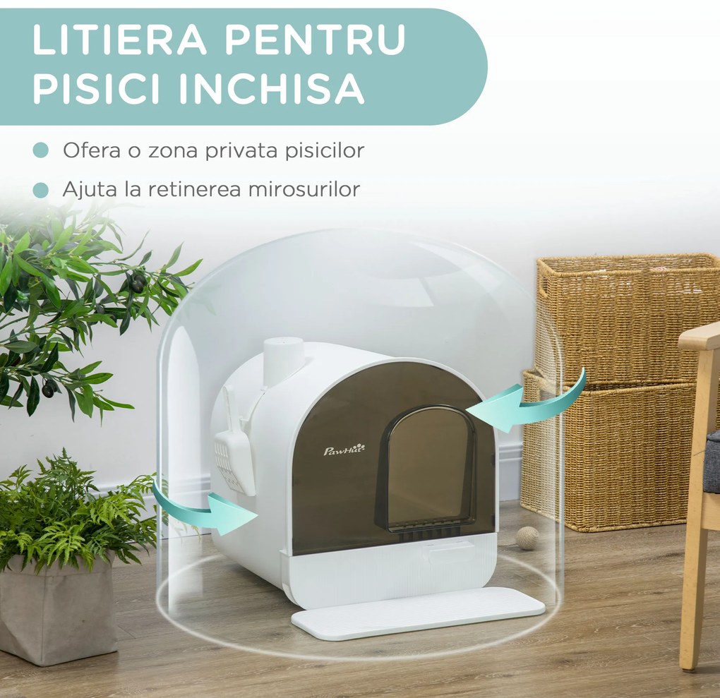 Letiera pentru pisici inchisa cu filtru, tava detasabila, PP, Alb si Negru 43x44x47cm PawHut | Aosom Romania