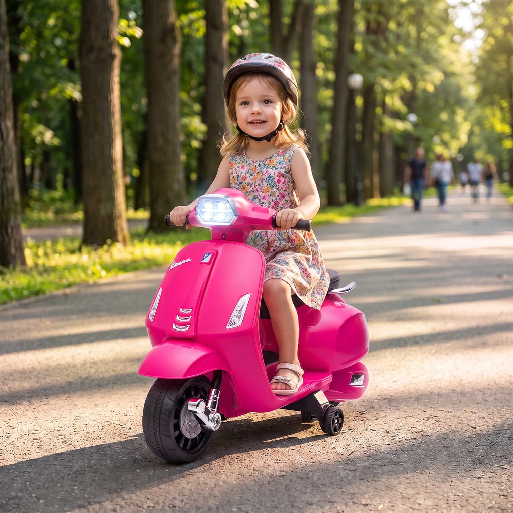 AIYAPLAY Motocicletă electrică copii Vespa 6V cu roți de sprijin, far, claxon pentru 2-6 ani 71 x 37 x 52 cm Roz | Aosom Romania