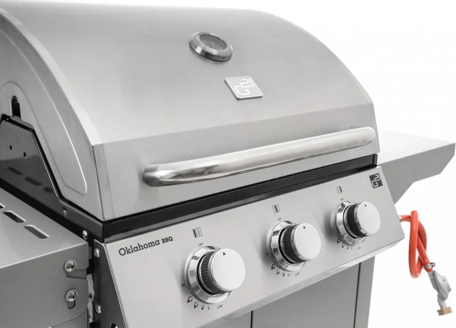 Grătar pe gaz OKLAHOMA BBQ, 3 arzătoare, cu regulator de presiune, argintiu Penta CZ
