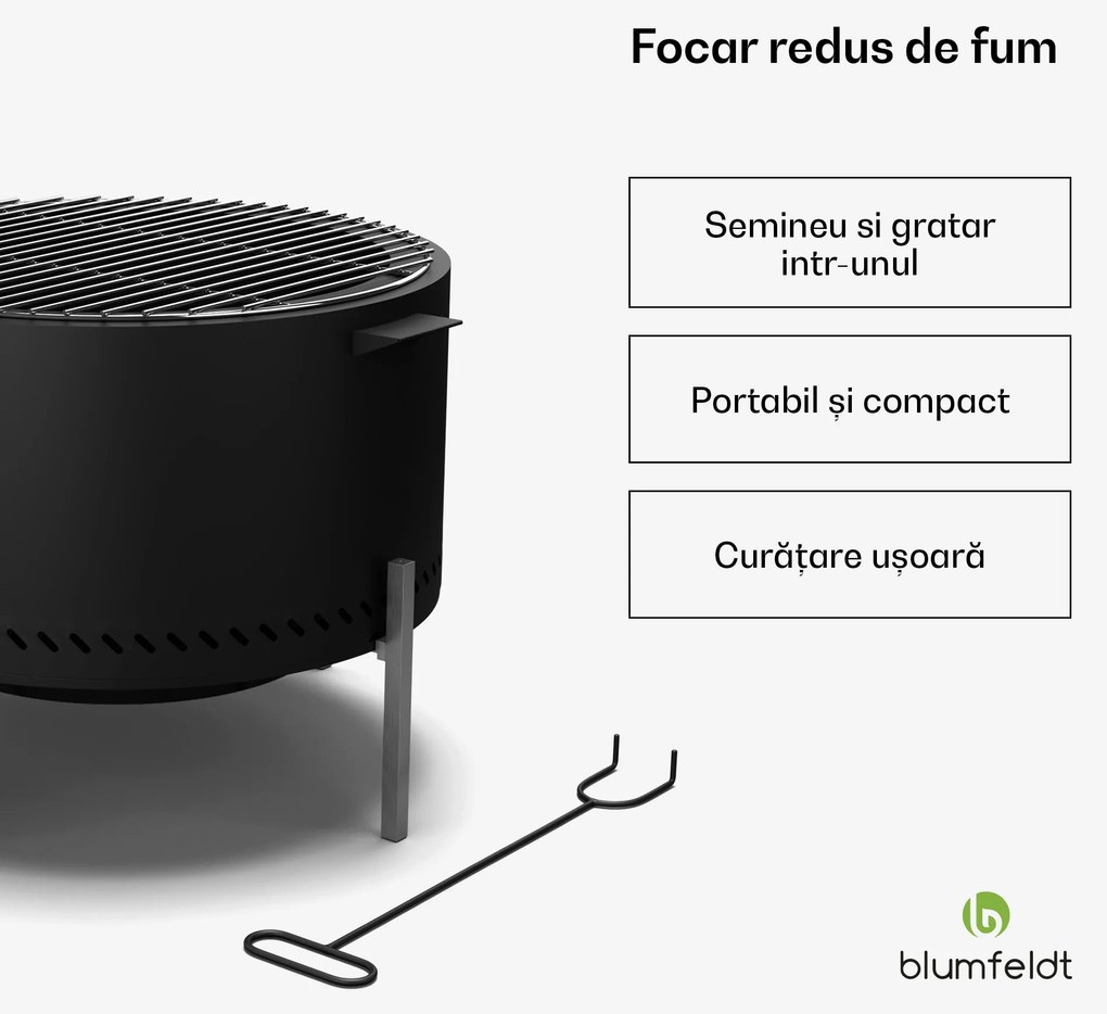 Blumfeldt Focar Ignite Pure, fum redus, grătar pentru grătar, oțel inoxidabil, portabil, capac pentru ploaie, mânere de transport