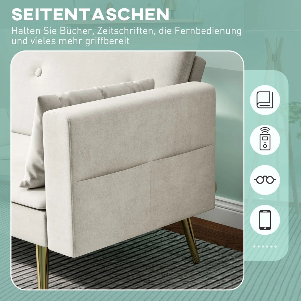 HOMCOM Canapea extensibilă 2 locuri, Spătar reglabil, perne moi, husă asemănătoare catifelei, pentru Sufragerie, Camera de oaspeți, Bej | Aosom Romania