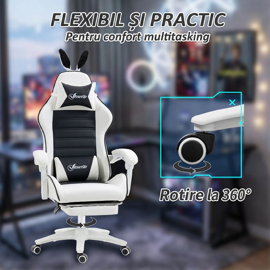Vinsetto scaun gaming cu urechi de iepuraș, suport pentru picioare, perne, reclinabil și cu înălțime reglabilă, negru | Aosom Romania