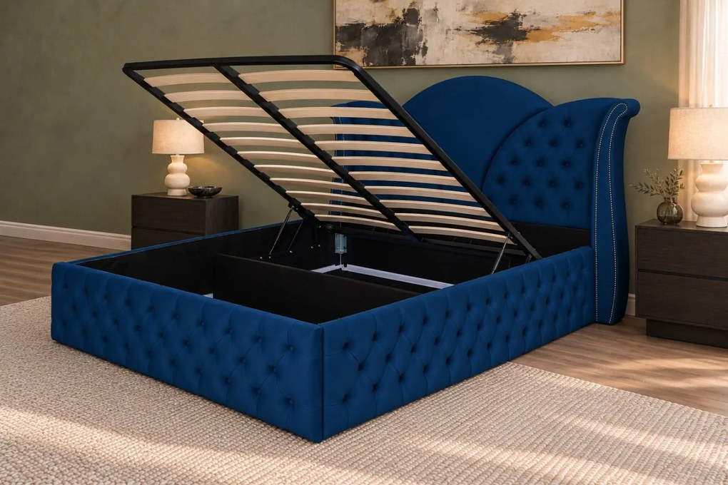 Pat tapițat Chesterfield din catifea Velora Deluxe Classic 140×200 cm, bleumarin, cu ladă de depozitare