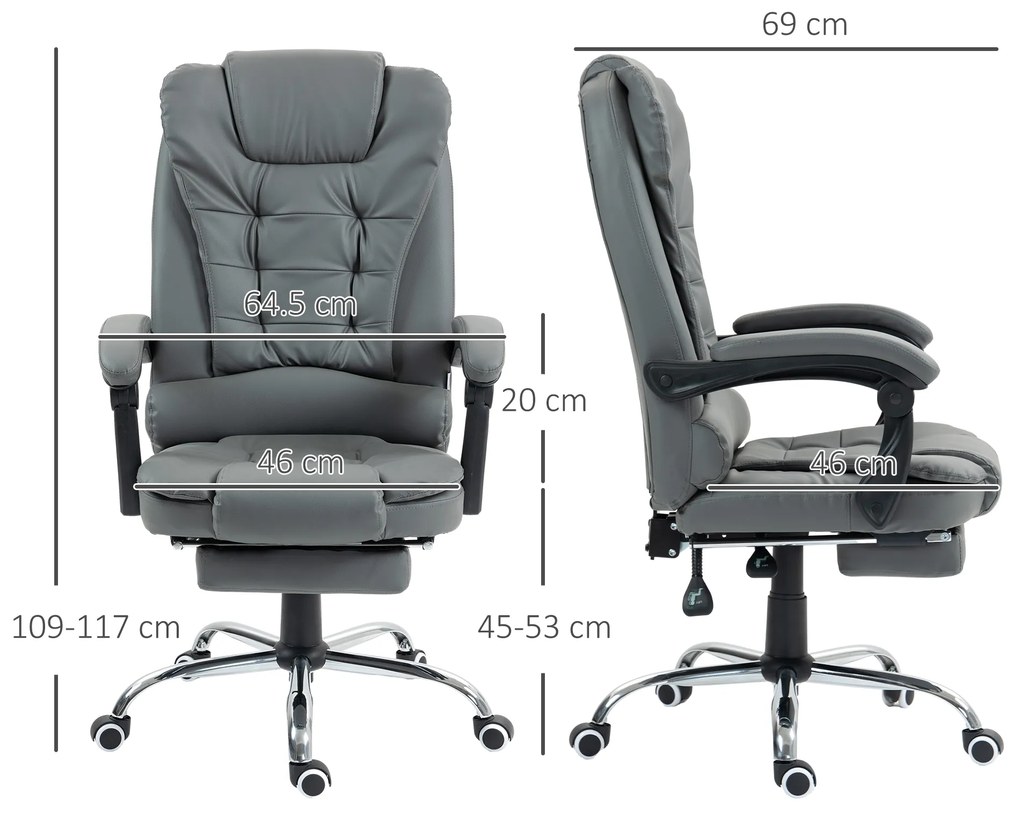 HOMCOM Fotoliu Prezidențial de Birou Rotativ cu Spătar Înalt Reglabil și Suport pentru Picioare, 64,5x69x109-117 cm, Gri | Aosom Romania