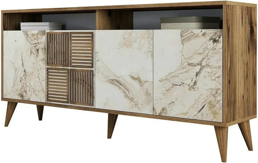 Comoda Milan, alb cu efect de marmura/nuc, PAL melaminat, 160x35x78 cm
