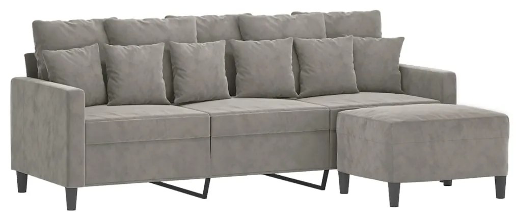 Canapea cu 3 locuri si taburet, gri deschis, 180 cm, catifea Gri deschis, 198 x 77 x 80 cm