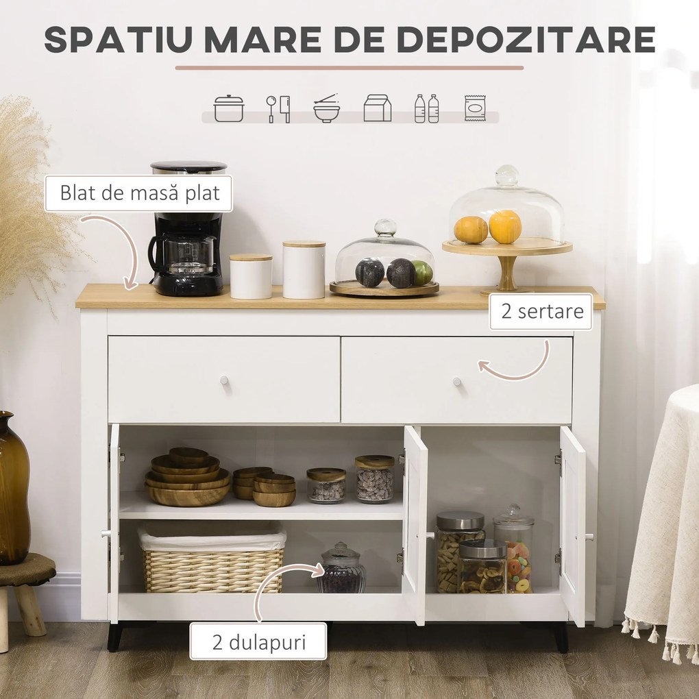 HOMCOM Bufet din lemn cu 2 sertare și 2 dulapuri, 117x35x80 cm, alb și culoare lemn | Aosom Romania