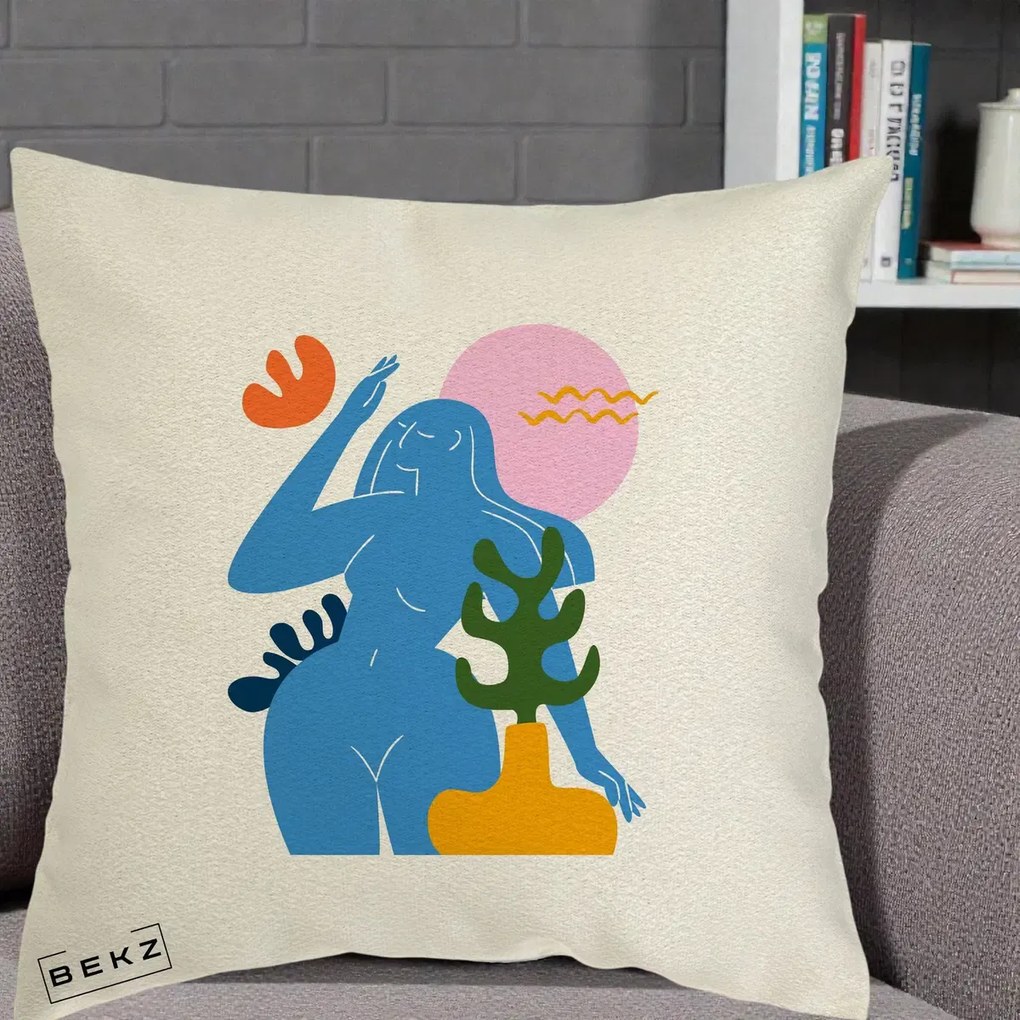 Perna Decorativa Femeie Albastra Cactus, 40x40 cm, Ecru, Husa Detasabila, Perna Inclusa, BEKZ®
