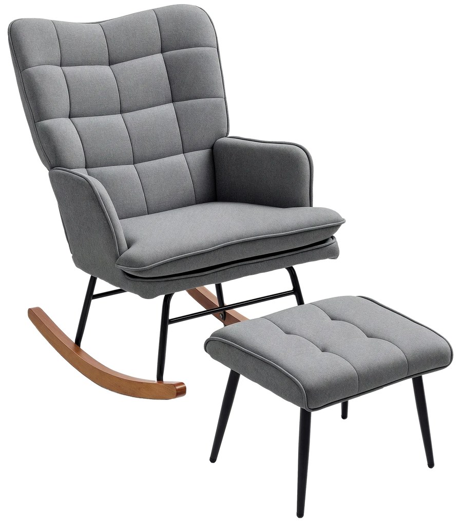 HOMCOM Fotoliu cu leagăn și taburet, confortabil, până la 130 kg, aspect de in, 64x89x90cm, Gri închis | Aosom Romania